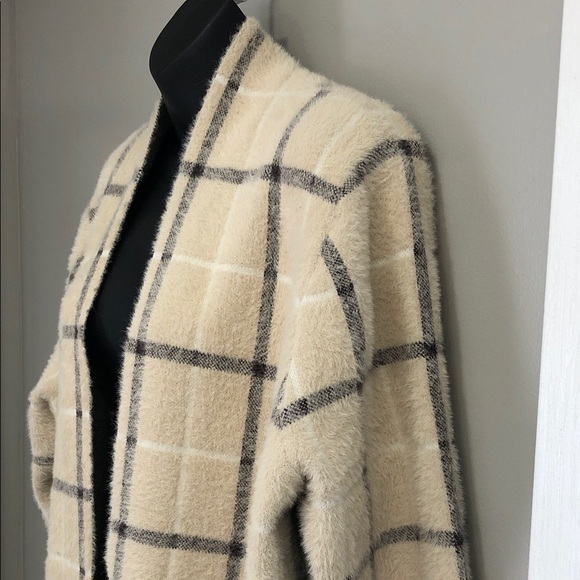 Cyrus Longline Sweater Coat | Cream & Brown Windowpane Plaid | Size 1X - Picture 5 of 13